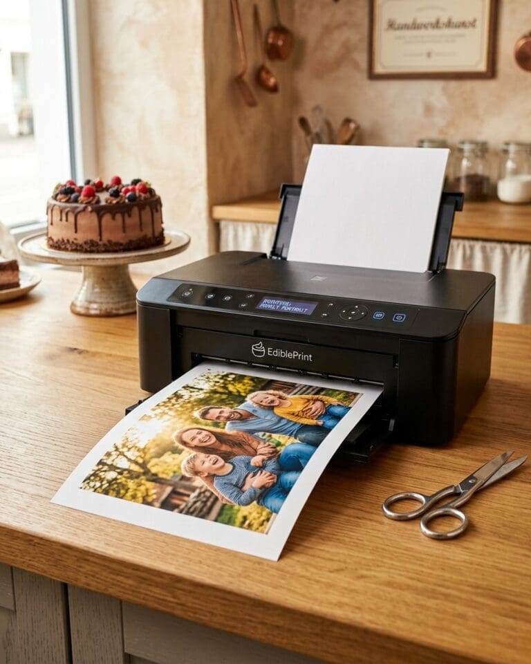 Esspapier Fotodruck im Format DIN A4 mit vollflächigem Familienbild frisch aus dem Lebensmitteldrucker im Herzstück