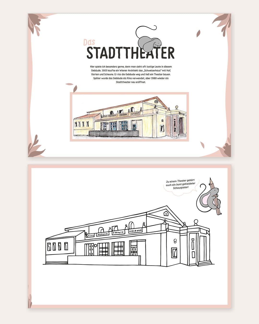 Doppelseite aus dem Herzstück Malbuch: Das historische Stadttheater Bruck an der Leitha (Illustration von Hannelore Döringer & Ausmalbild)
