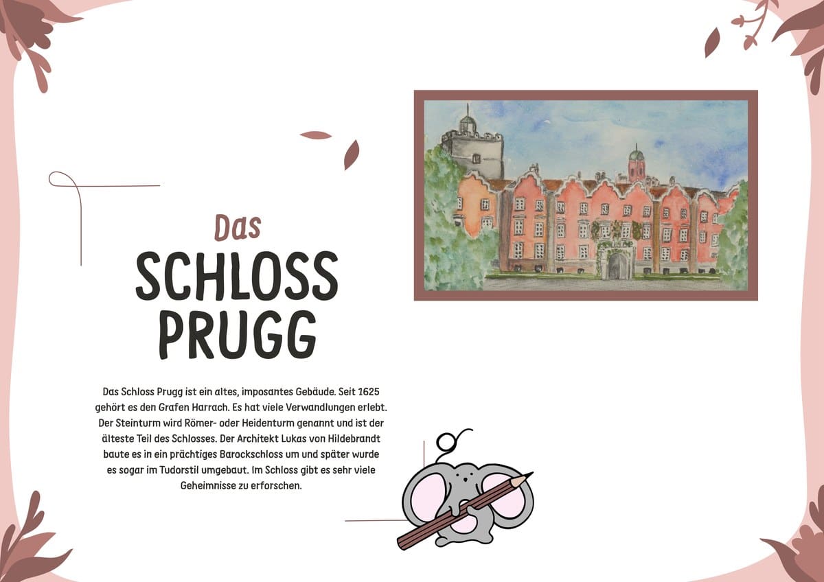 Linke Seite: Das Schloss Prugg & Harrachpark – Illustration von Hannelore Döringer & Geschichte von Mia Mauermaus
