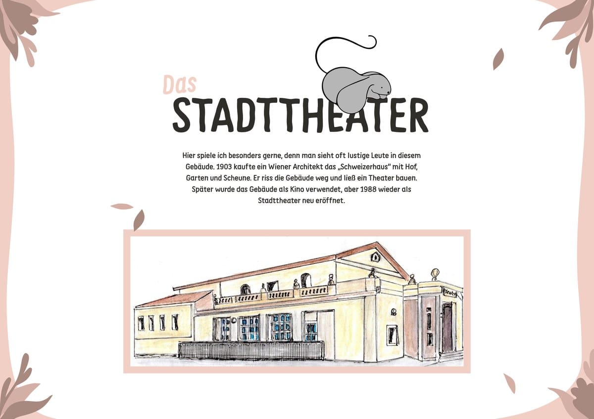 Linke Seite: Das historische Stadttheater Bruck an der Leitha – Illustration von Hannelore Döringer & Geschichte von Mia Mauermaus