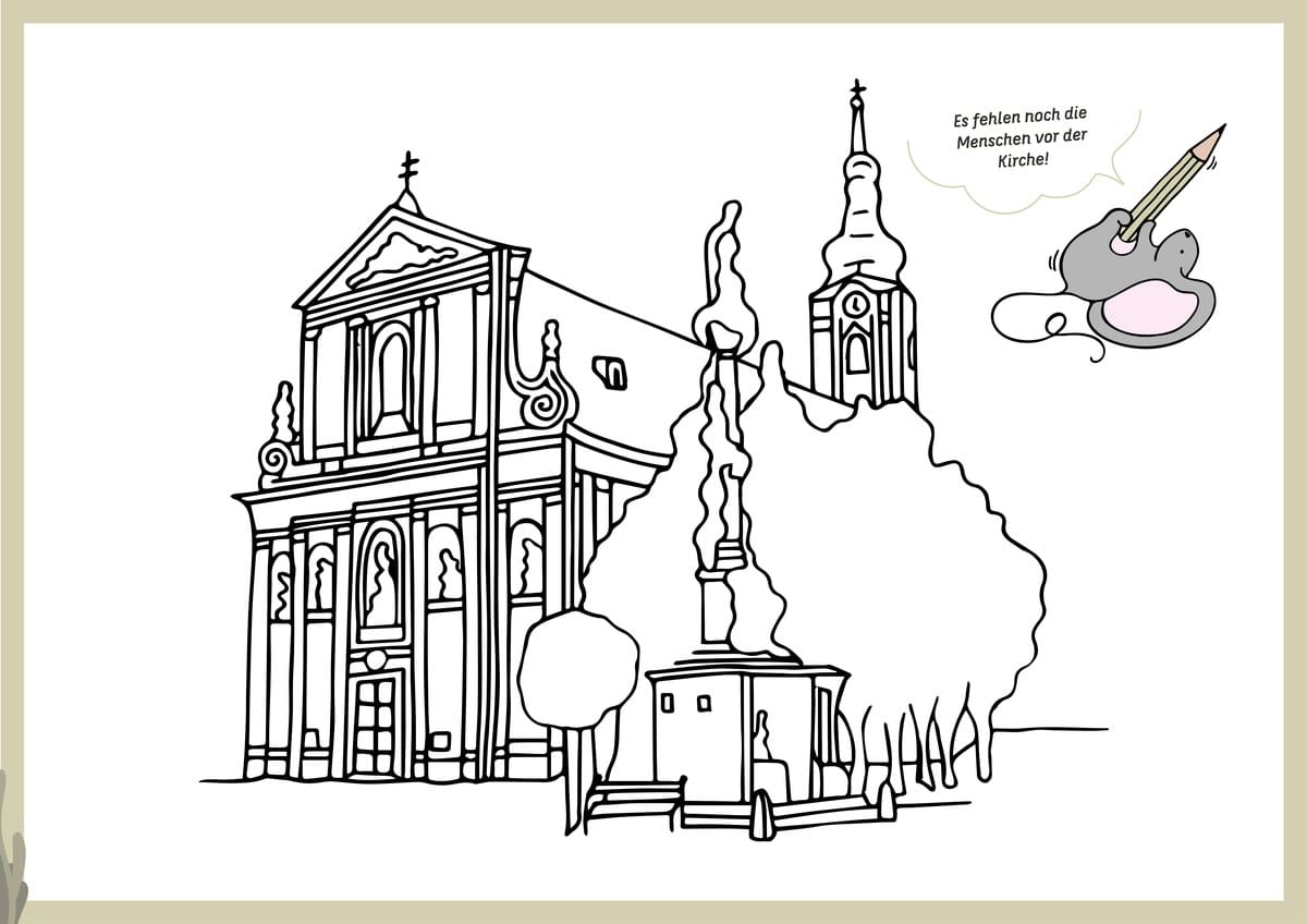 Rechte Seite: Die Brucker Pfarrkirche – Ausmalvorlage