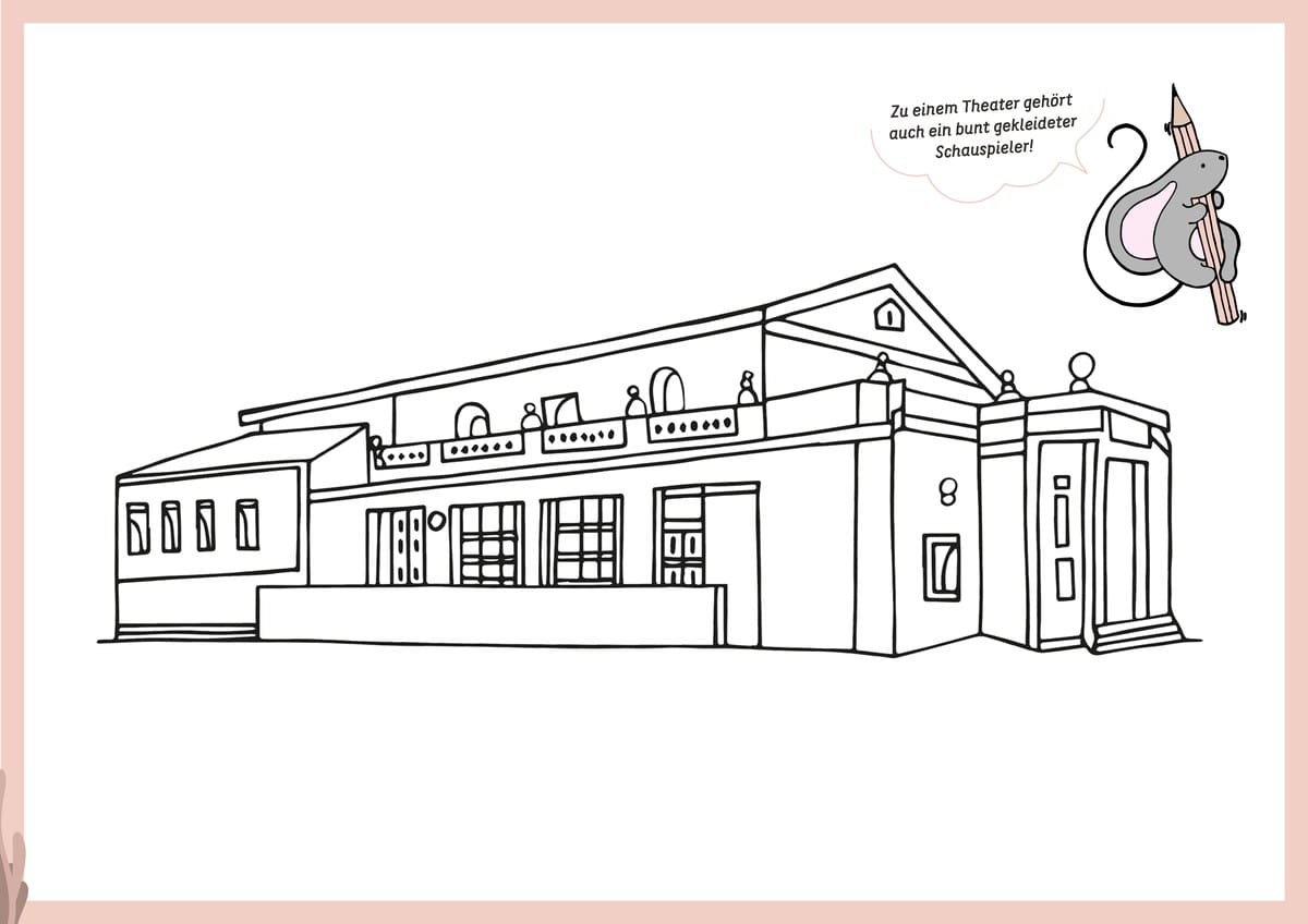 Rechte Seite: Das historische Stadttheater Bruck an der Leitha – Ausmalvorlage